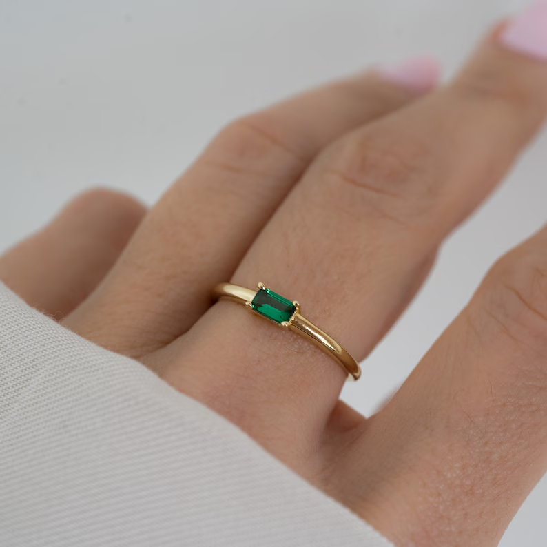 1 Ct Emerald Cut Simulated Emerald  Birthstone Band Ring 14k Yellow Gold Plated