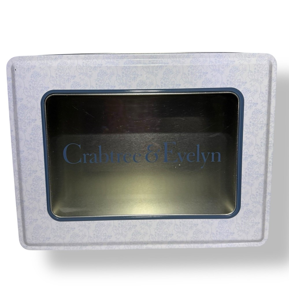 Crabtree & Evelyn Tin Box Blue Base with White & Blue Floral Trim Window Lid