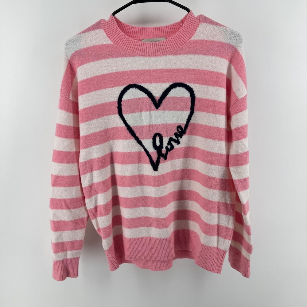 Loft Pink White Striped Heart Love Graphic Crewneck Sweater Small