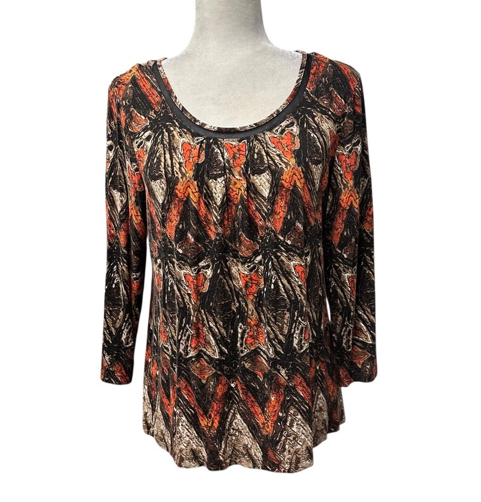 Chicos Women’s Size 2 L 3/4 Sleeve Blouse Top Scoop Neck Shirt Stretch Geometric
