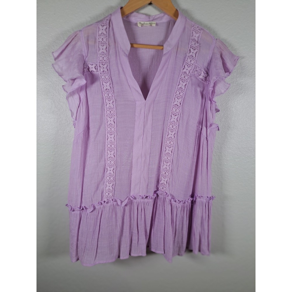Indigo Rose Lavender Purple Lace Trim Peplum Flutter Sleeve Gauze Blouse 1X