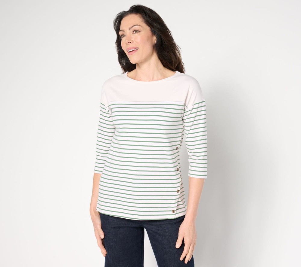 Maya J Women's Top Sz L Cottonwear+ Striped Tee Green A656104
