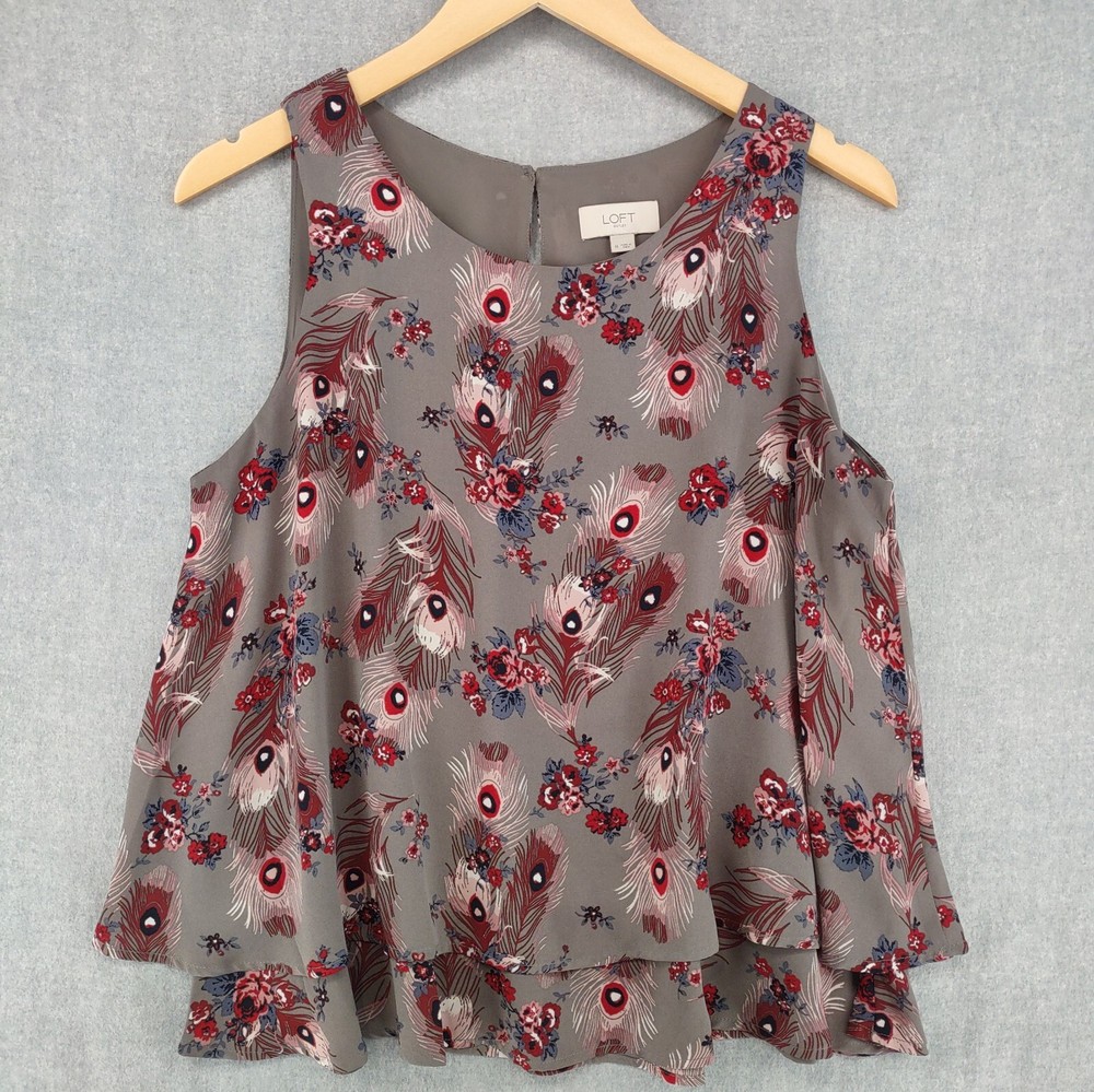 Ann Taylor Loft Top Women Medium Bohemian Tiered Lined Relaxed Tank Gray Floral
