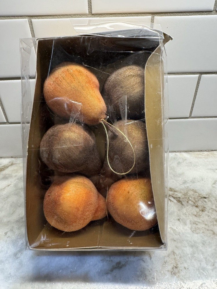 Retro Vintage Christmas Ornaments Frosted Sugared Fruit Pears & Apples Set Of 6
