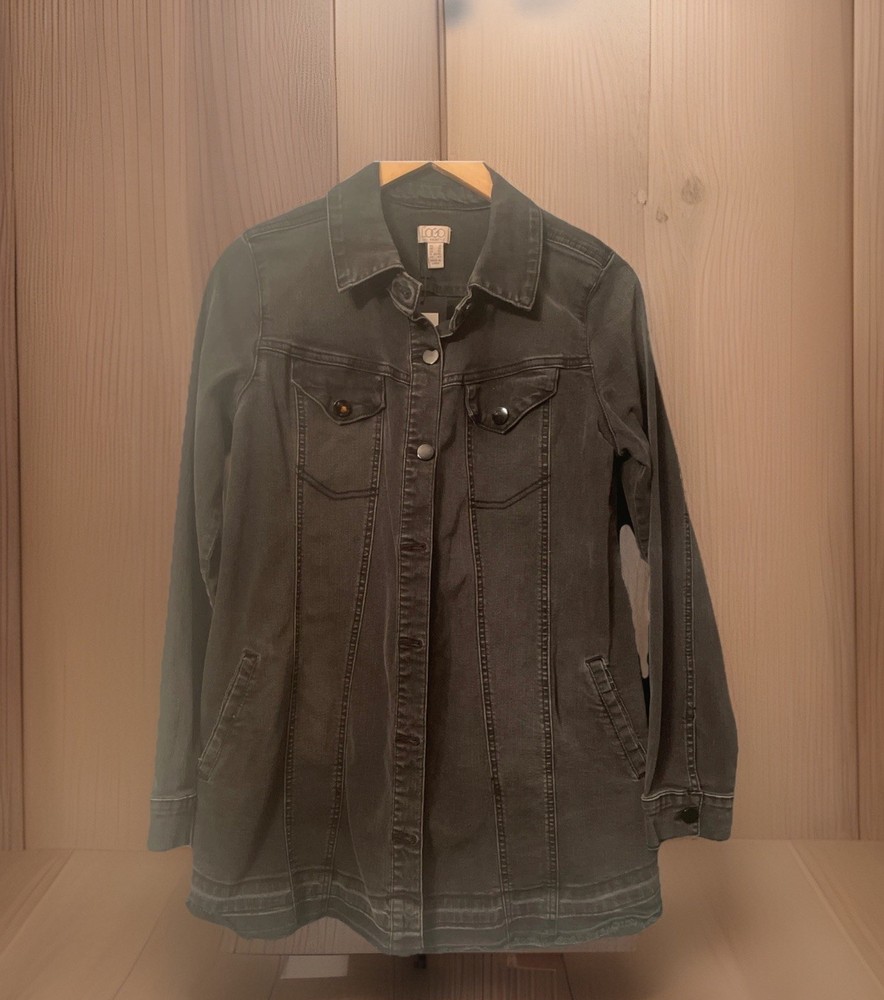 LOGO Lori Goldstein Sz 8 Vintage Black Button Front Denim Jacket Released Hem
