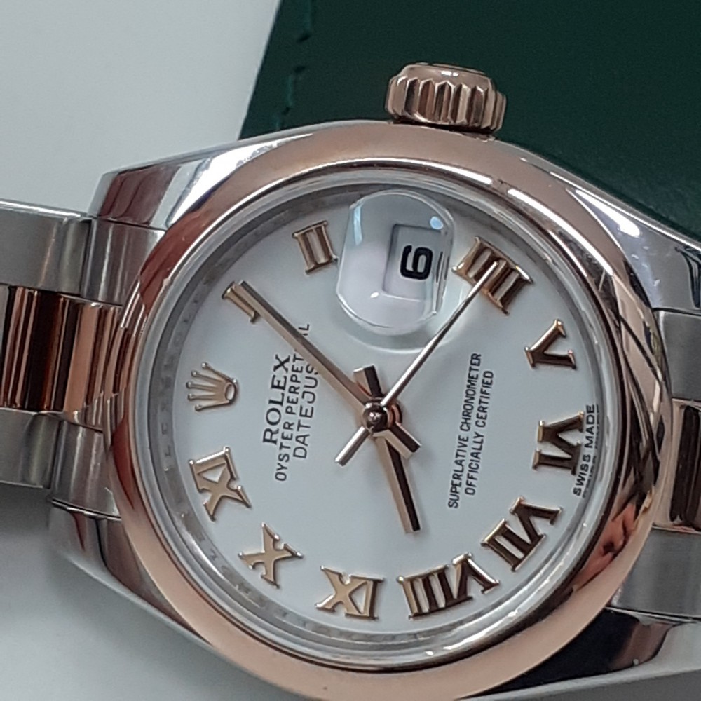 W/Papers 2012 Rolex Ladies Datejust 26 mm Steel 18K Rose Gold White Watch 179161
