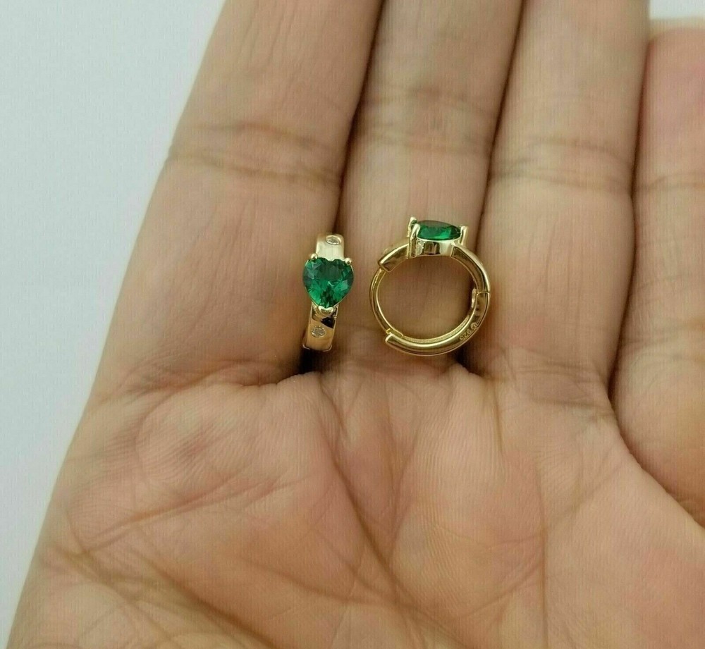 1.00Ct Heart Cut Emerald & Lab Created Diamond 14K Yellow Gold FN Hoop Earrings