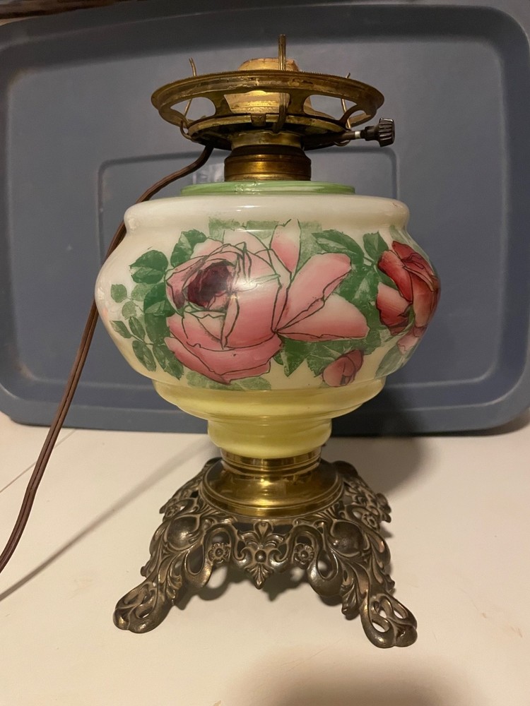 Vintage GWTW Gone With The Wind Hurricane Satin Glass Floral Lamp Base Only