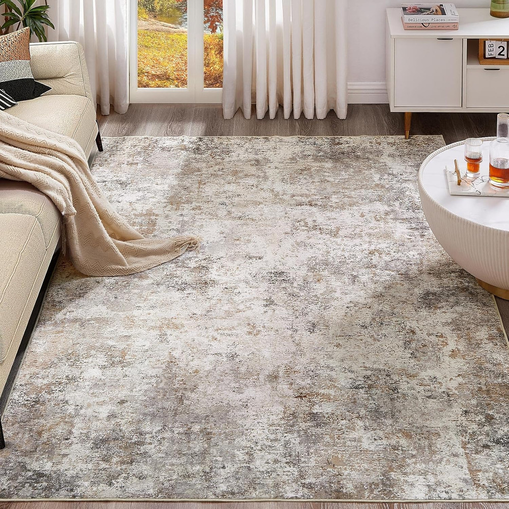 5X7 Area Rug Living Room Rugs - Washable Neutral Modern Abstract Soft Thin Large