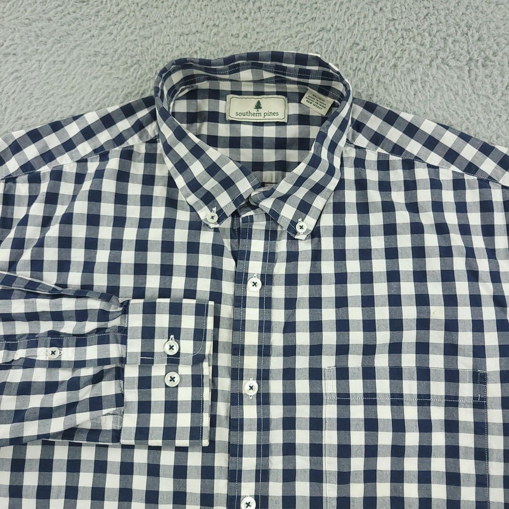 Southern Pines Shirt Mens XL Blue White Gingham Check Button Down Cotton Casual