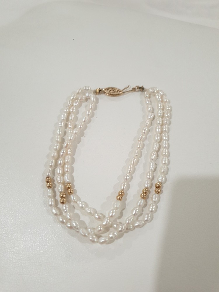 14k Yellow Gold Vintage Bracelet Saltwater Rice Pearls 3 Strand