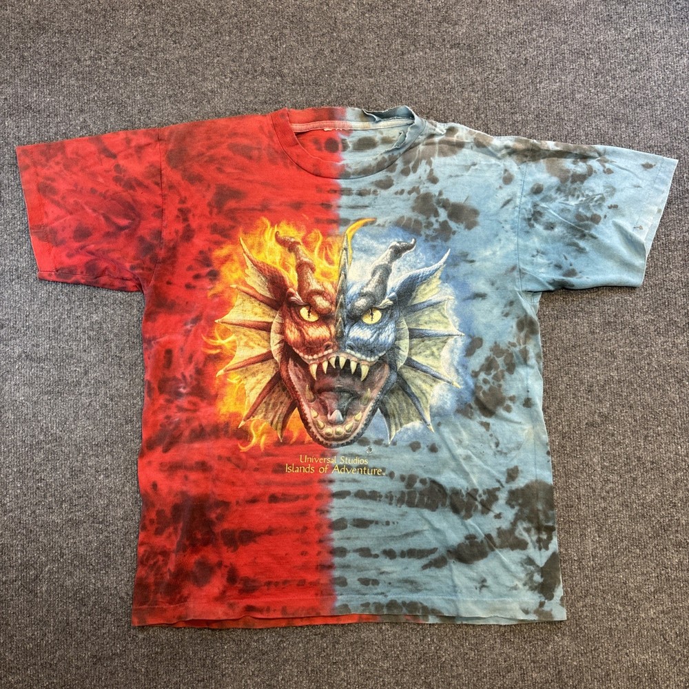 VTG 90s Universal Studios Dueling Dragons T Shirt Tie Dye Red Blue Distressed XL