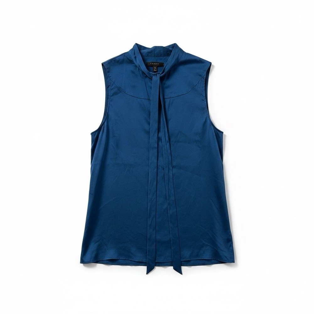 Theory Women’s Silk Satin Blouse Blue Sleeveless Bow Collar Minimalist S