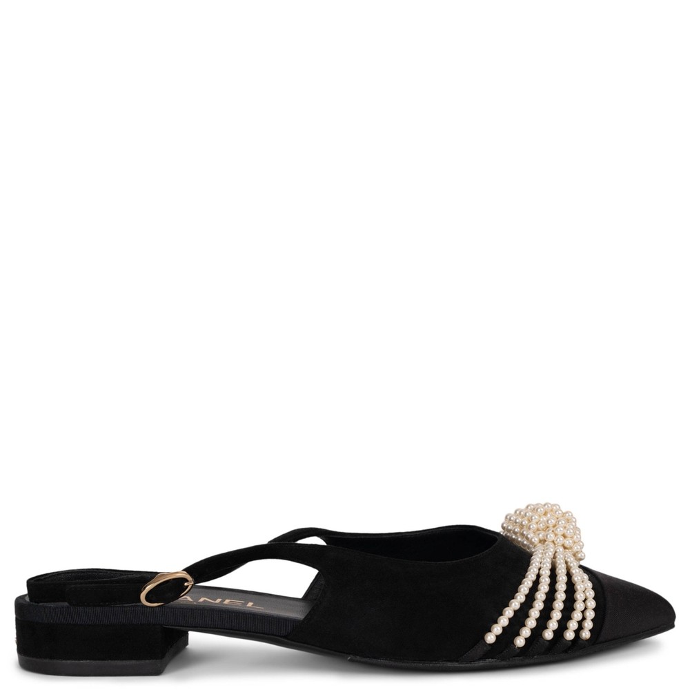 CHANEL Black Suede Pearl Embellished Flats Size 38.5
