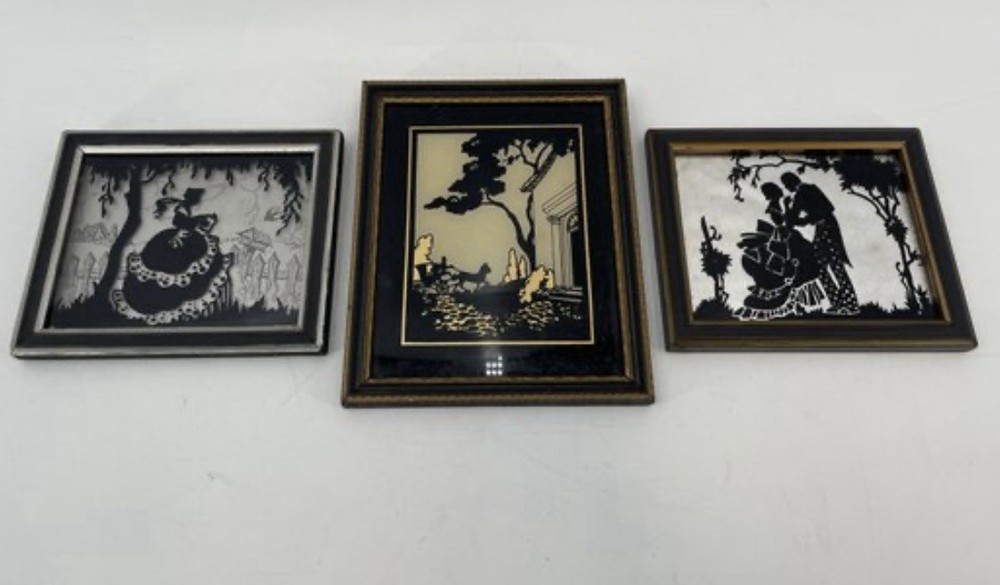 Vintage Reverse Painted Silhouette Art , Lot Of 3