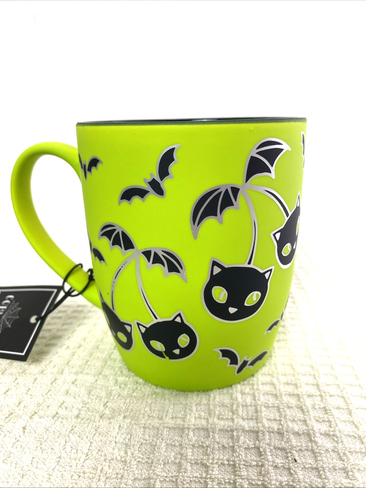 Cobwebs & Cauldrons Halloween Coffee Mug Apple Green Soft Touch Cherry Cats Bats