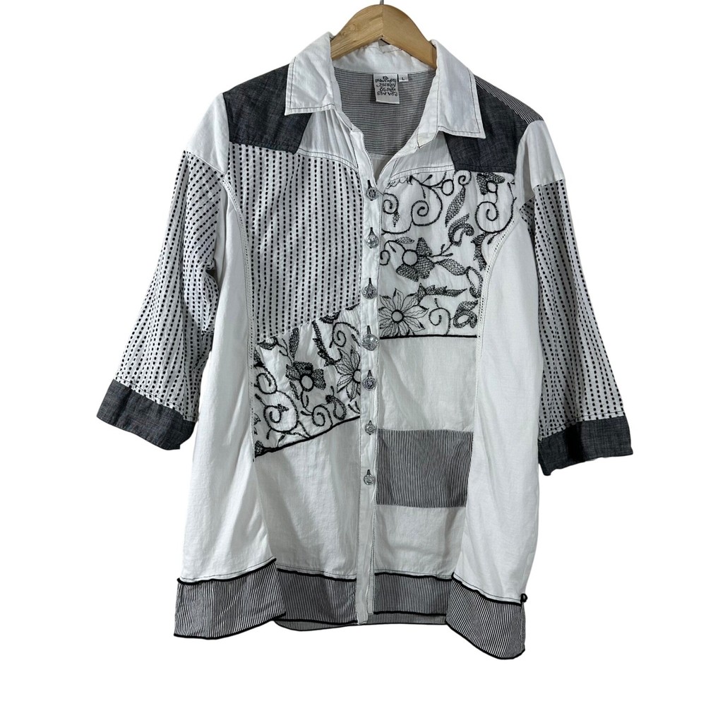 Parsley & Sage Women's Top White Cotton Embroidered Artsy Button Down Size L