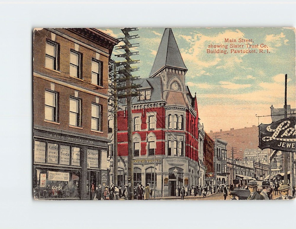 Postcard Main Street Showing Slater Trust Co. Pawtucket Rhode Island USA