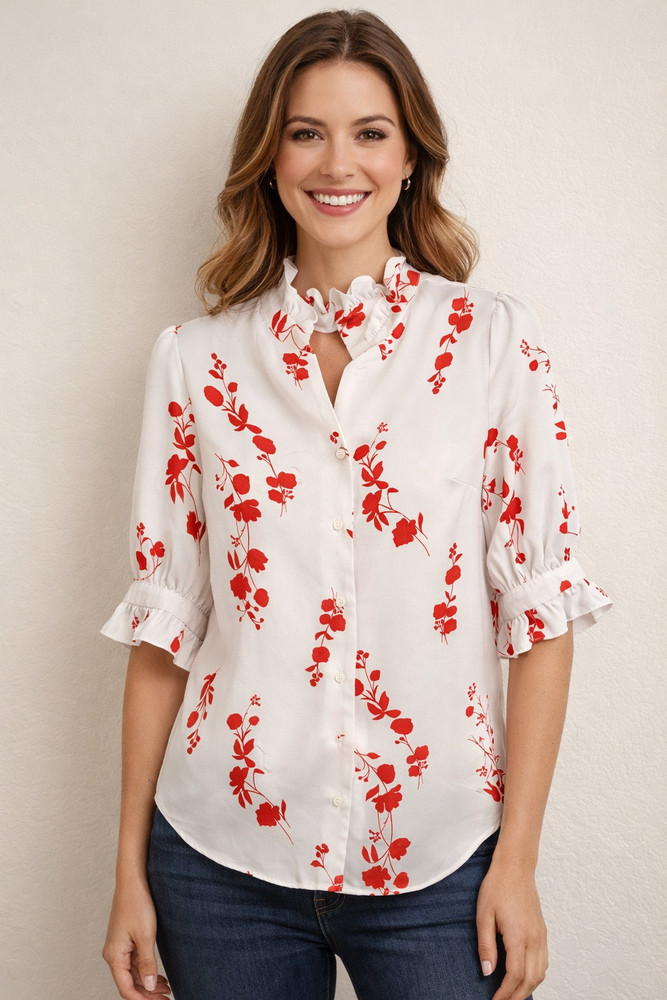 Ann Taylor Women’s White Red Floral Ruffle Short Sleeve Blouse Top XS