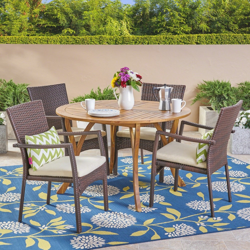 Outdoor Acacia Wood and Wicker 5 Piece Dining Set