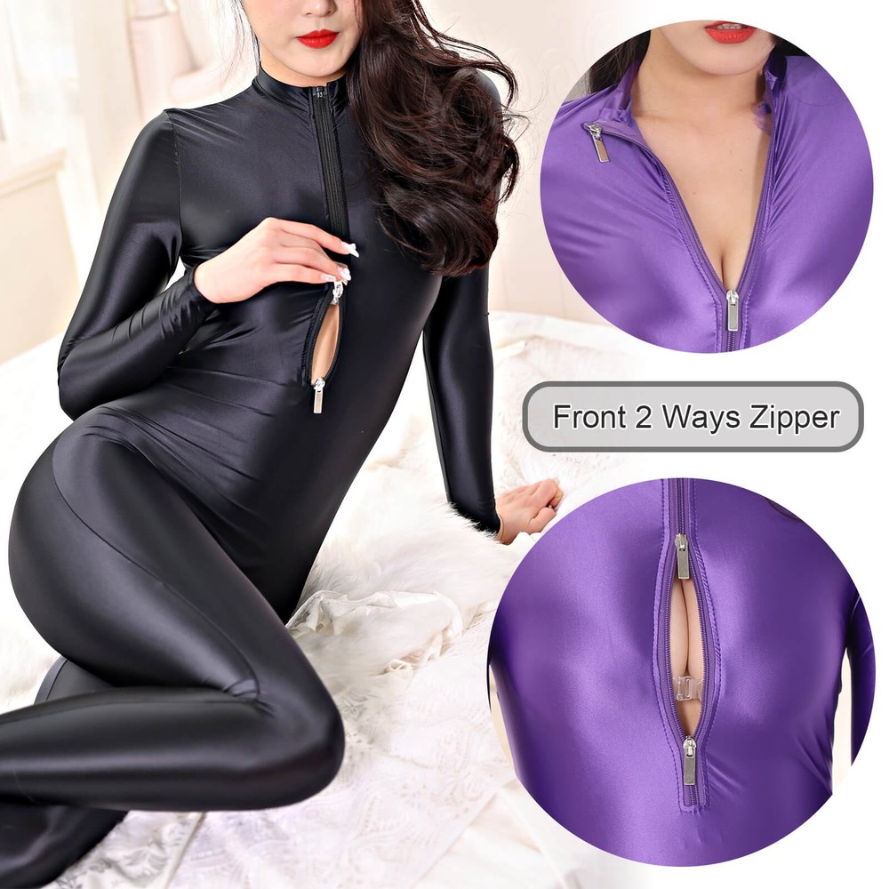 Womens Smooth Satin Glossy Bodysuit Catsuit Zipper Open Crotch Rompers Jumpsuit