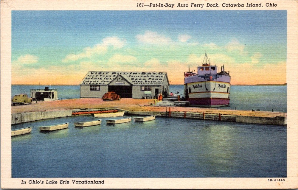 Put-in-Bay Ohio Catawba Island Mystic Isle Auto Ferry Dock Postcard 29565