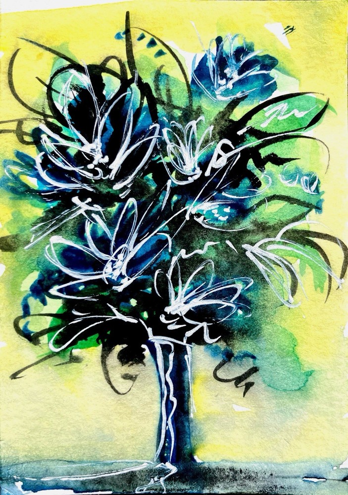 ACEO Original Watercolor Flowers Dark Beauty Blue Painting Series Three Of Four