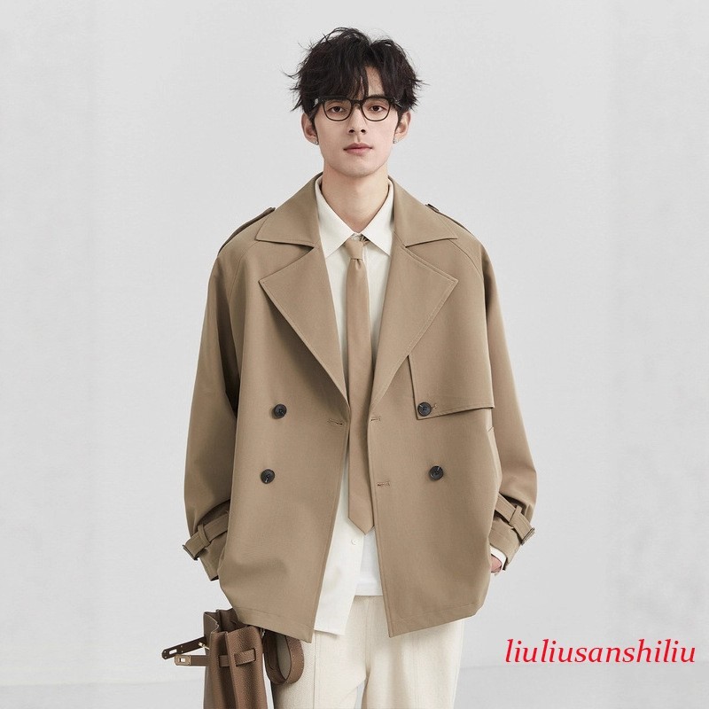 Autumn Short Double Breasted Windbreaker Trench Coat Mens Collar Casual Jackets