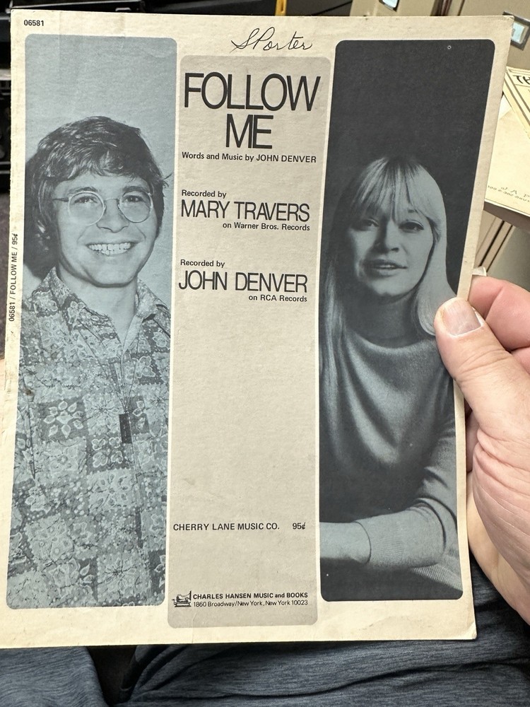 J 1971 JOHN DENVER sheet music ‘Follow Me’ (Mary Traver’s Hit)
