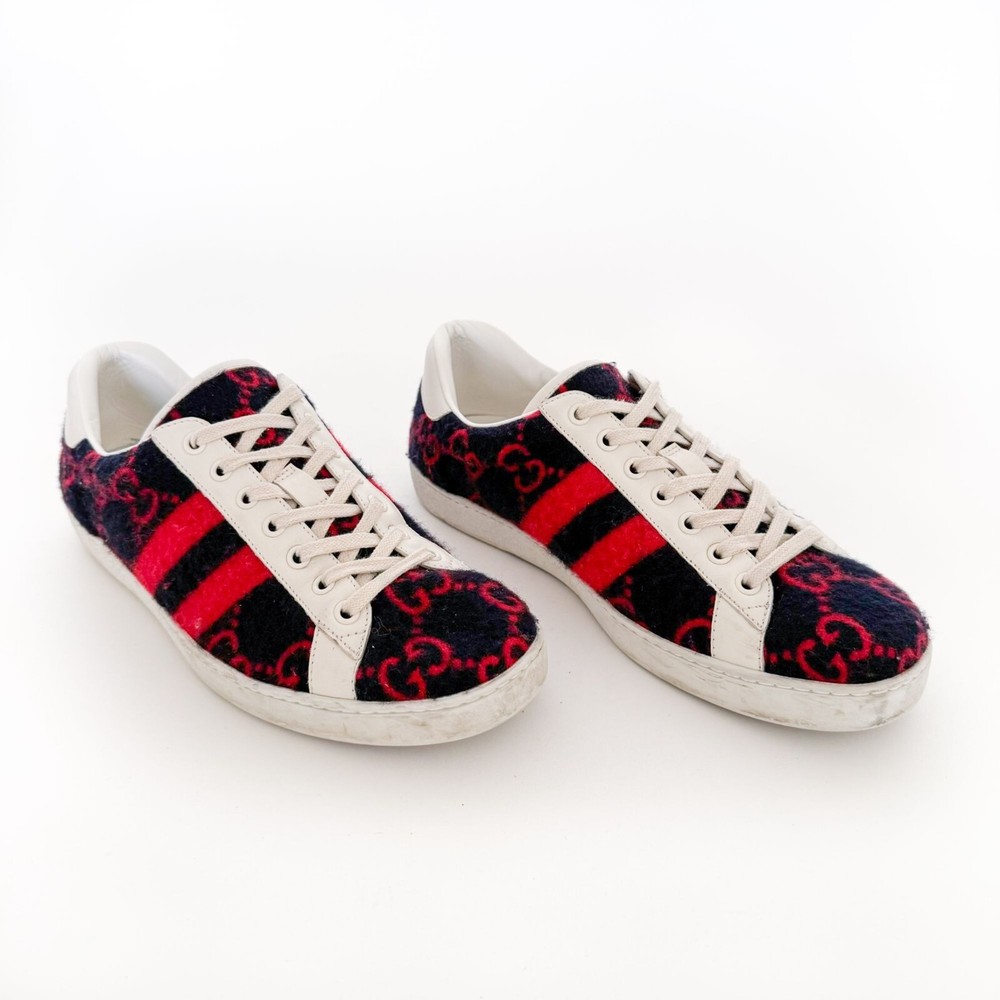 Gucci Ace GG Sneakers Size 7 US 7.5 Navy Blue Red Wool Low Top Lace Up Shoes-image