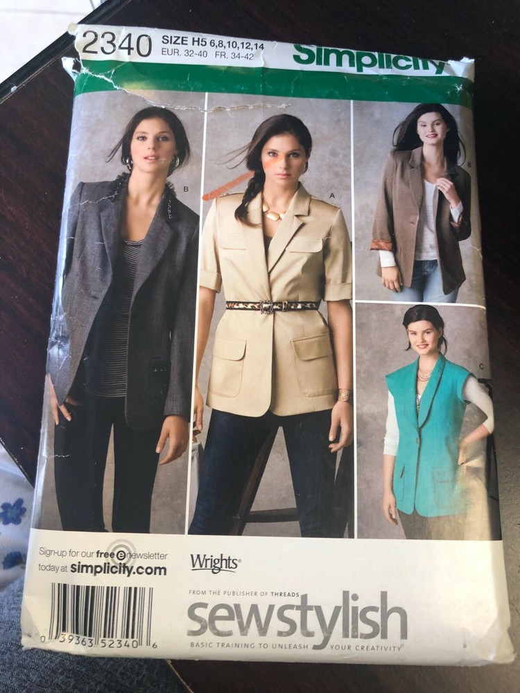 Simplicity 2340, 4 Jackets, Sizes 6-14, UNCUT, package has a tear