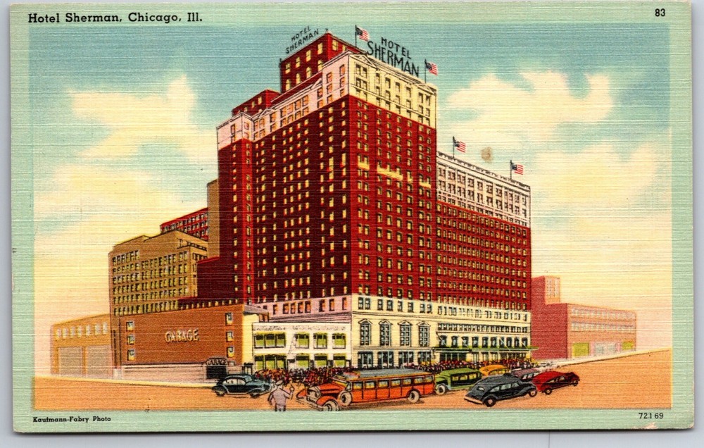 Chicago Illinois~Hotel Sherman Bldg Street View~PM 1950~Vintage Linen Postcard