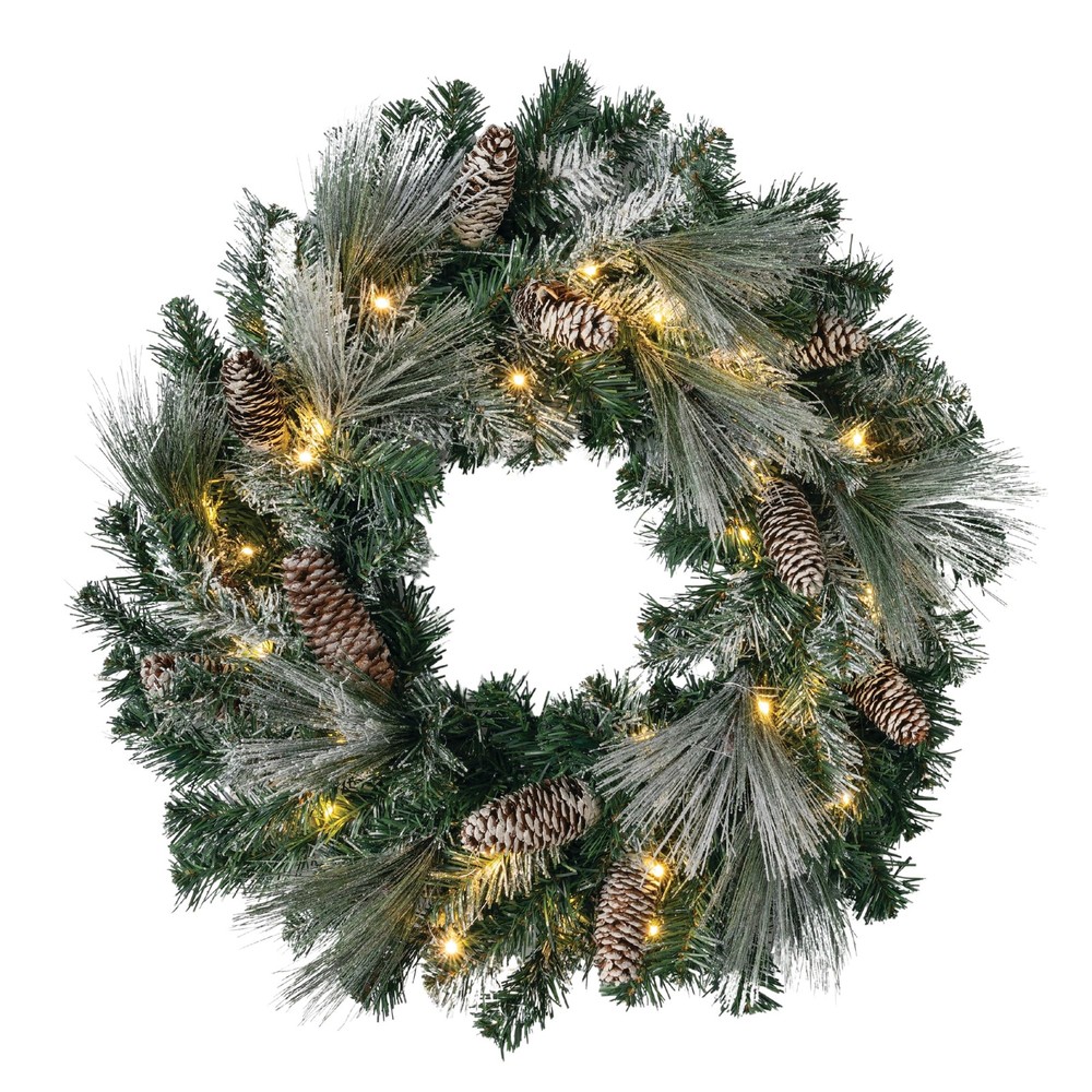 Prelit 24” Flocked Christmas Wreath with Lights for Festive Door Décor