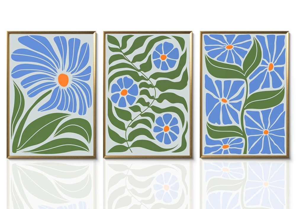 Yaneiro Matisse Blue Floral Wall Art Set of 3 Retro Boho Wall Decor Abstract ...