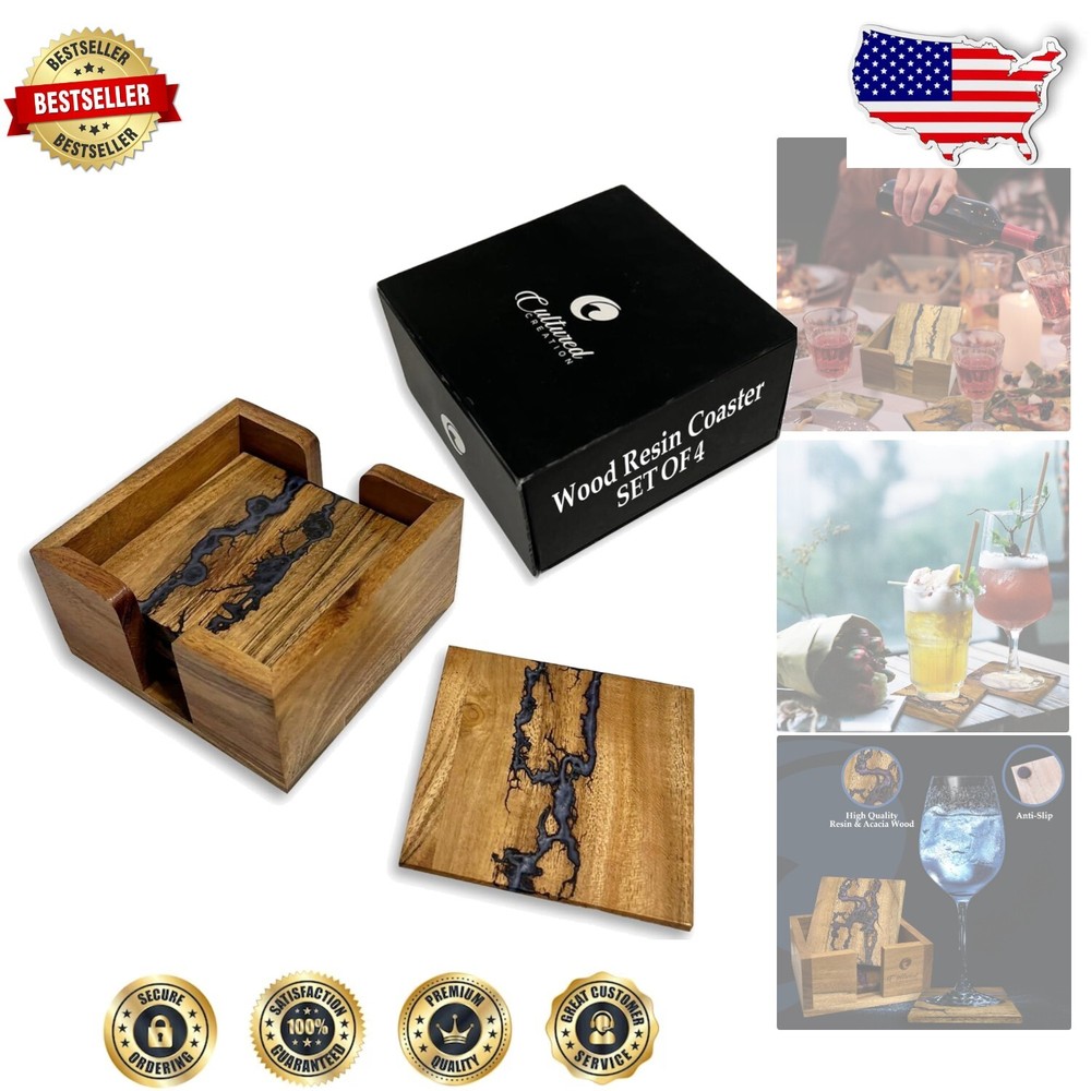 Acacia Wood and Resin Coaster Set with Holder for Stylish Drink Protection-image