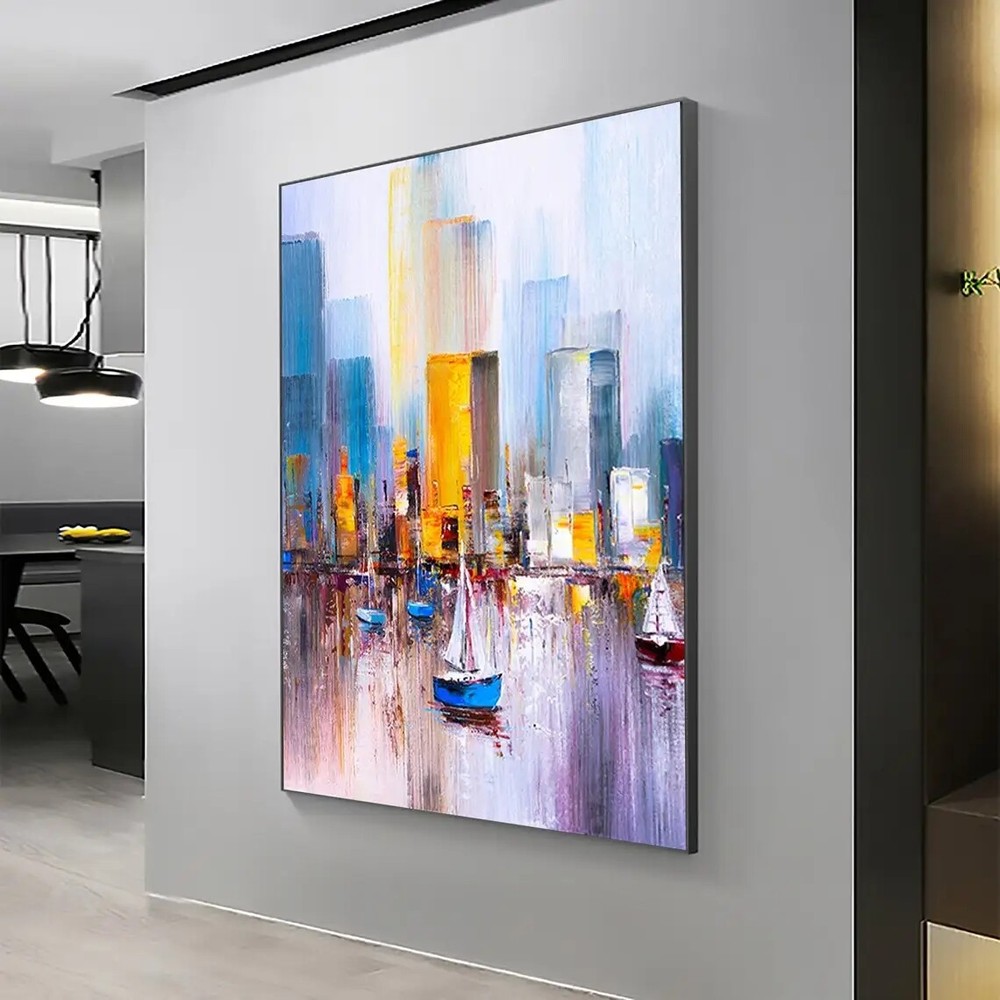Abstract Cityscape Oil Painting Hand Painted on Canvas Large Original Modern