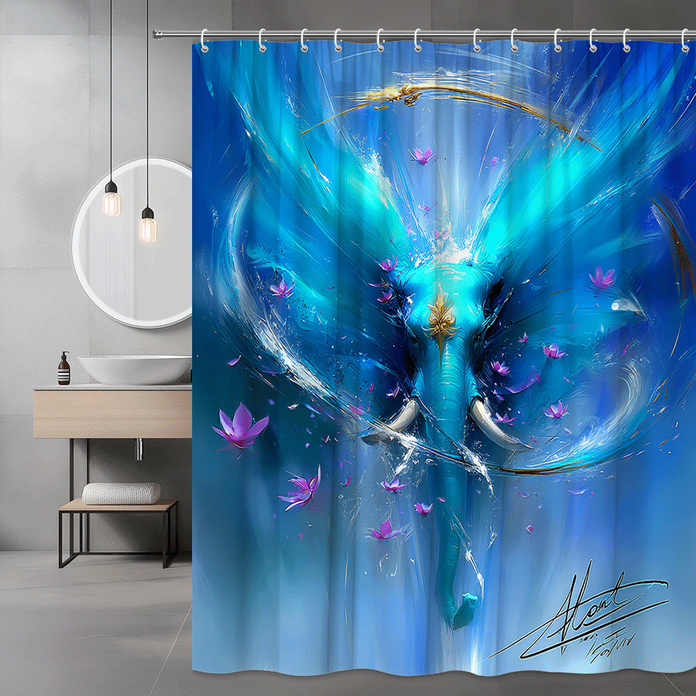 Blue Elephant Floral Shower Curtain Abstract Graphic Art