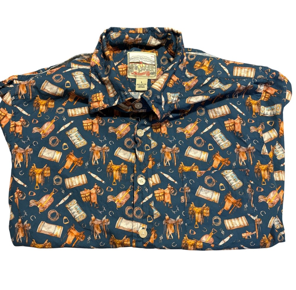 Rocking K Ranchwear Kennington Western Shirt Cowboy Saddle Print Blue Size L