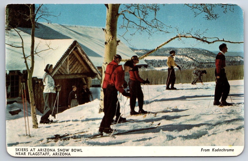 Sports~Flagstaff AZ~Skiers Leaving Lodge @ Arizona Snow Bowl~Vintage Postcard