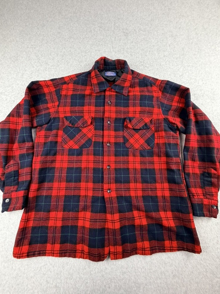 Pendleton Mens Flannel Shirt XL Red Black Plaid 100% Virgin Wool Long Sleeve