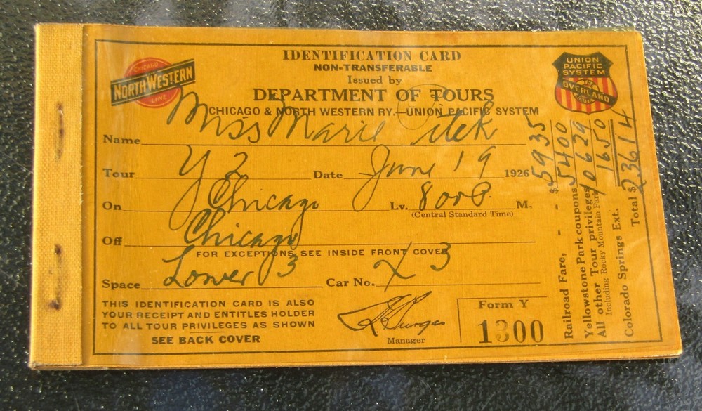 1926 Chicago & North Western Line Department Of Tours I.D. Card Yellowstone Park
