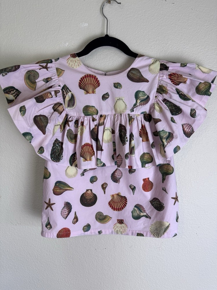 ANTONIO MELANI Pink Shell-Print Ruffle-Sleeve Top Size 2