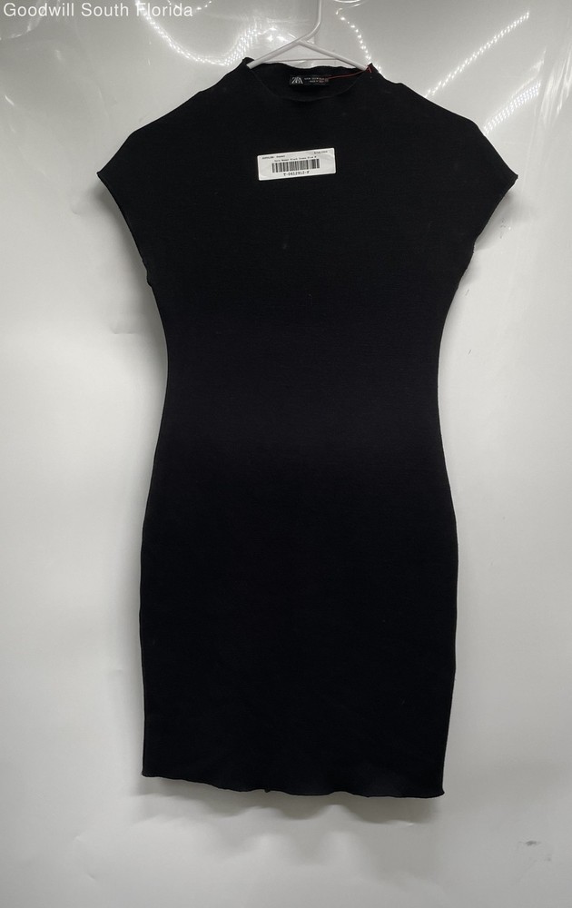 Zara Womens Black Short Cap Sleeve Stretch Mock Neck Mini Dress Size M