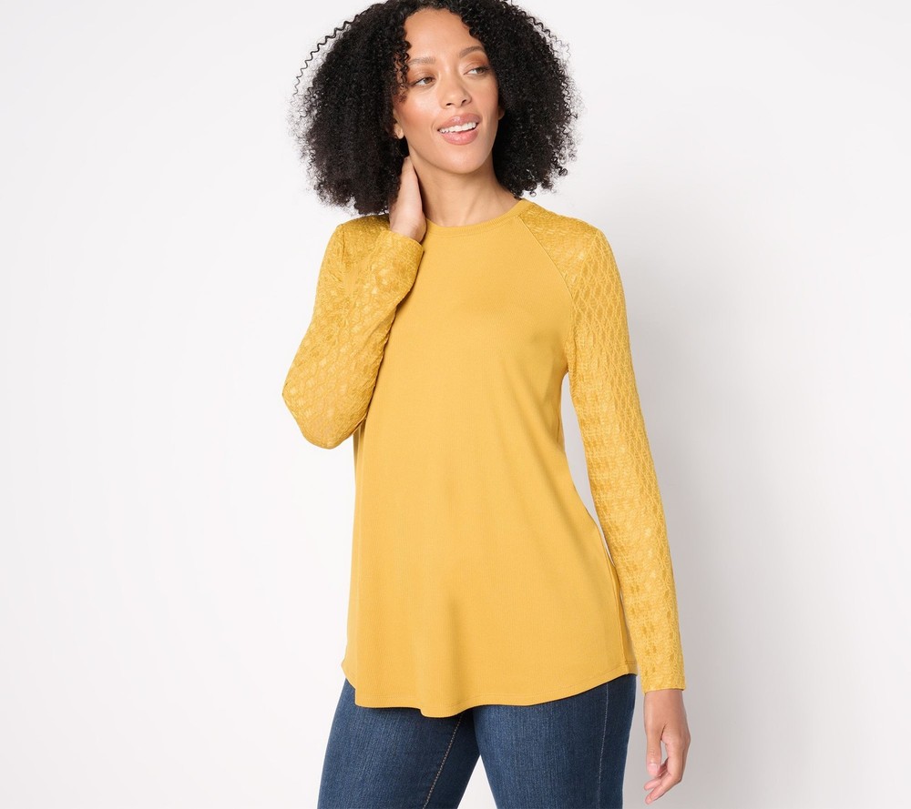 SUNNYLiFE Women's Top Plus Sz 2X Long Sleeve Rib Lace Mix Yellow A667537