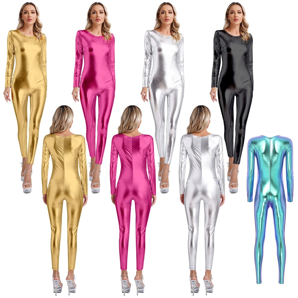 US~ Women's Shiny Holographic Unitard Costume Zipper Bodysuits Catsuits Jumpsuit
