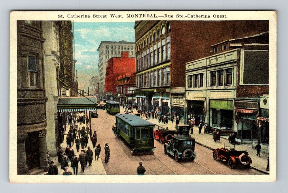 Canada- Montreal Busy St. Catherine Street West Shops Old Post Vintage Postcard