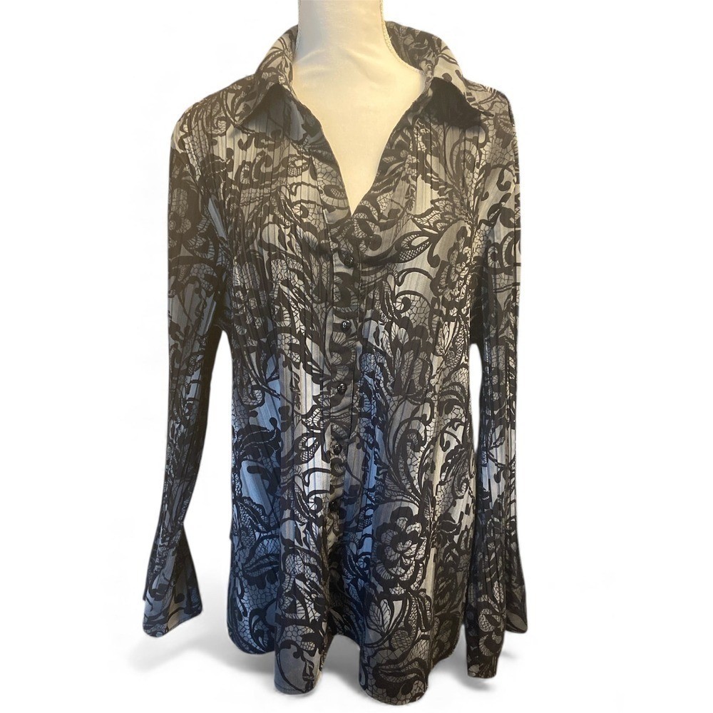 Apt. 9 Womens 2X Grey Black Lace Print Pleated Long Sleeve Button Up Blouse Top