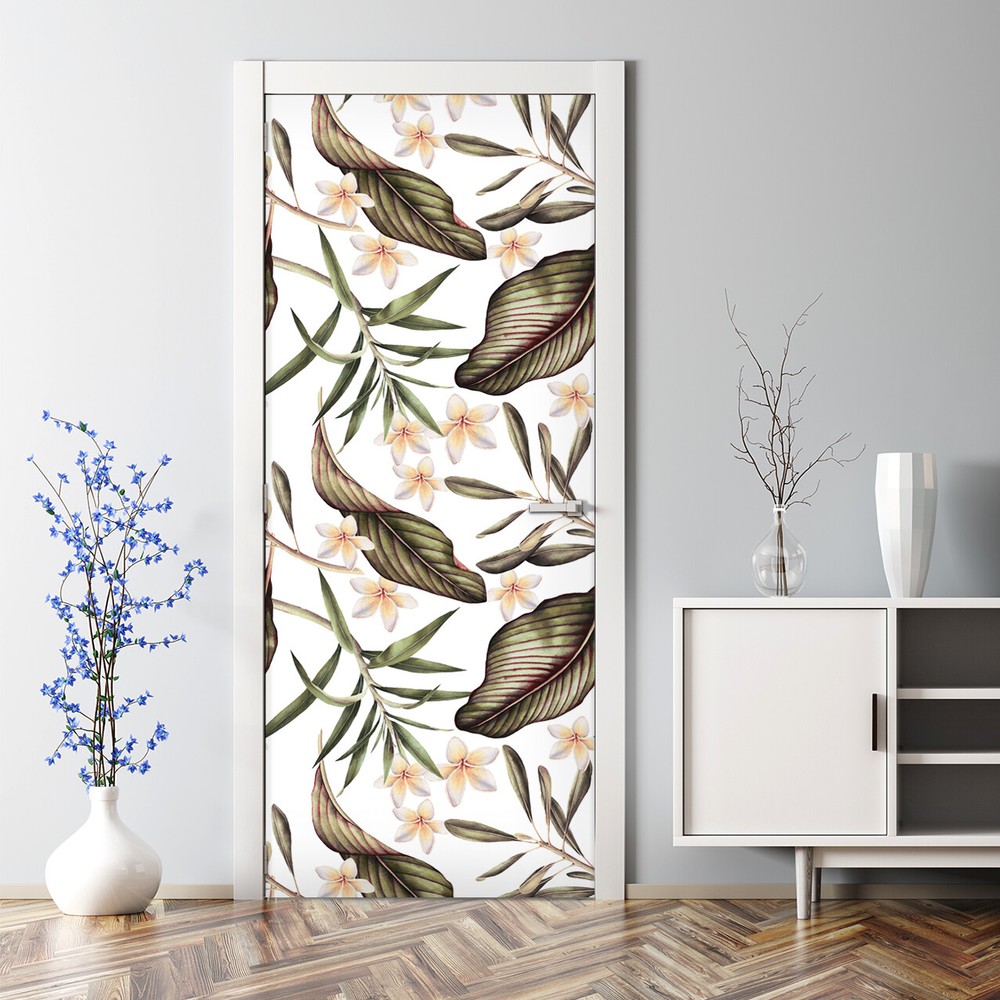 Tropical Brown Leaves and Flower Watercolor Abstract Door Sticker Decal