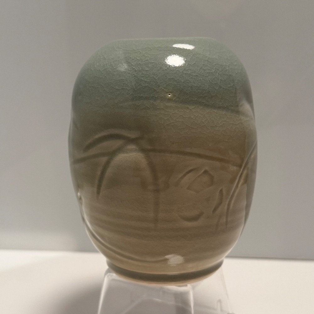 Pottery Small 5” Handmade Signed Glazed Blue/Green/Beige Vase EUC