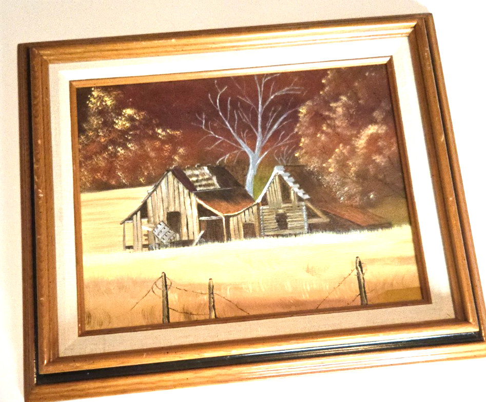 VTG Rustic Farm Landscape Oil Painting on Canvas Framed Barn Autumn Scene unsign